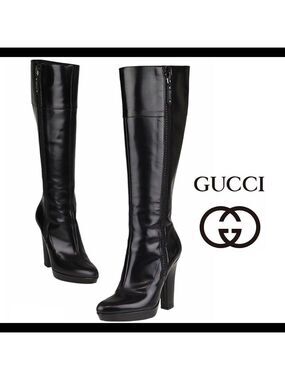 GUCCI Black Glossy Leather Knee High Platform Boot Sz 10B